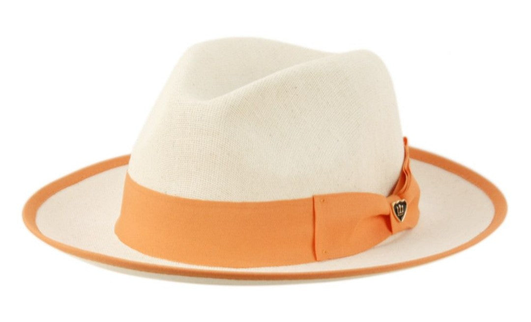 White linen fedora with peach colored band and edge trim