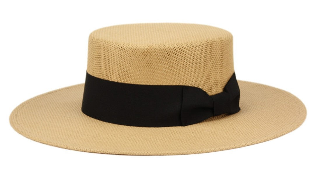 Brown flat brim and flat crown straw hat
