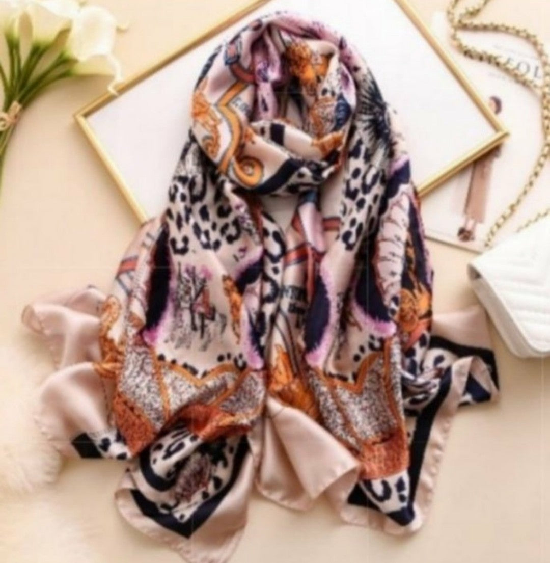 Pink silk scarf with leopard trim