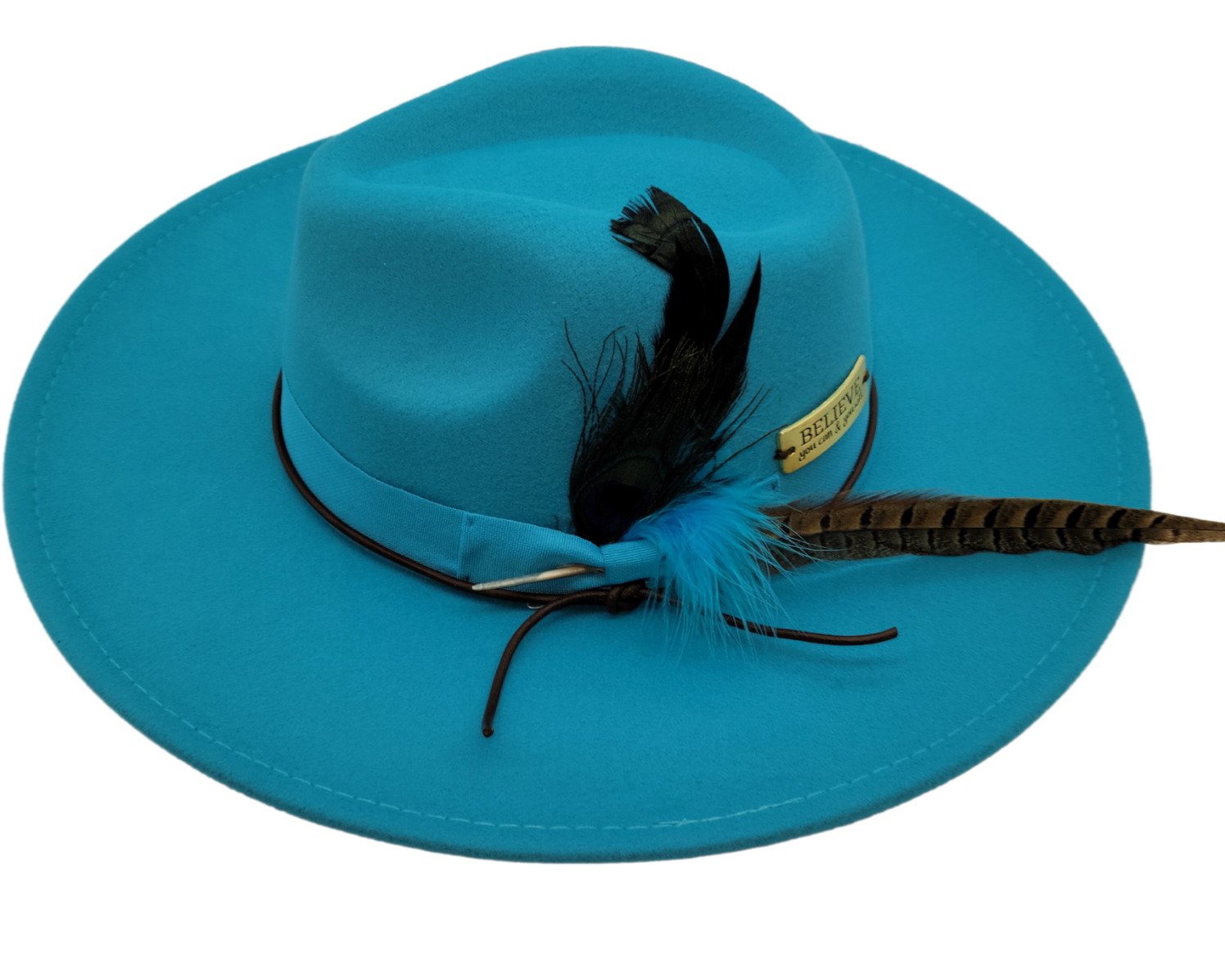 Turquoise Fedora with feathers