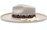 Beige cowboy hat with a patterned band on a white background