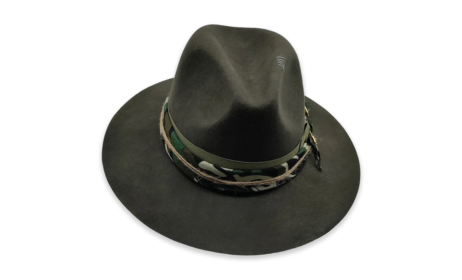 Army green wool fedora with camouflage band decorated with twine