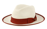 White linen fedora with burgundy band and edge trim