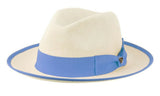 White linen fedora with light blue band and cloth edge trim