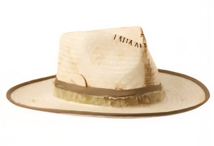 Tan straw fedora with green cloth band on brim 