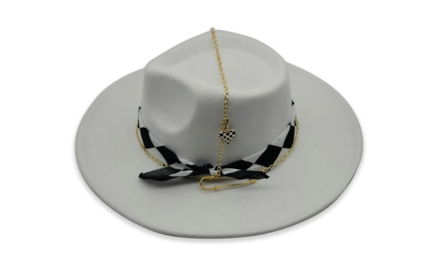 White Fedora with checkered band and gold chain
