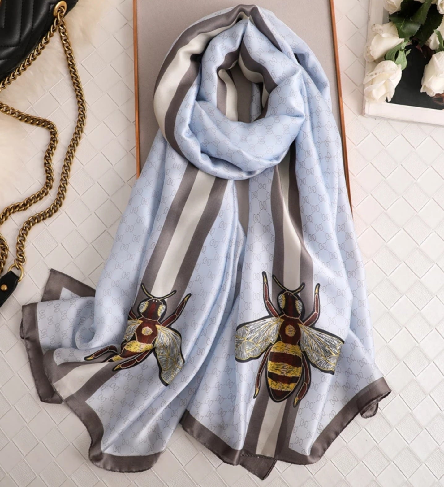Light blue silk scarf shawl with gucci bee