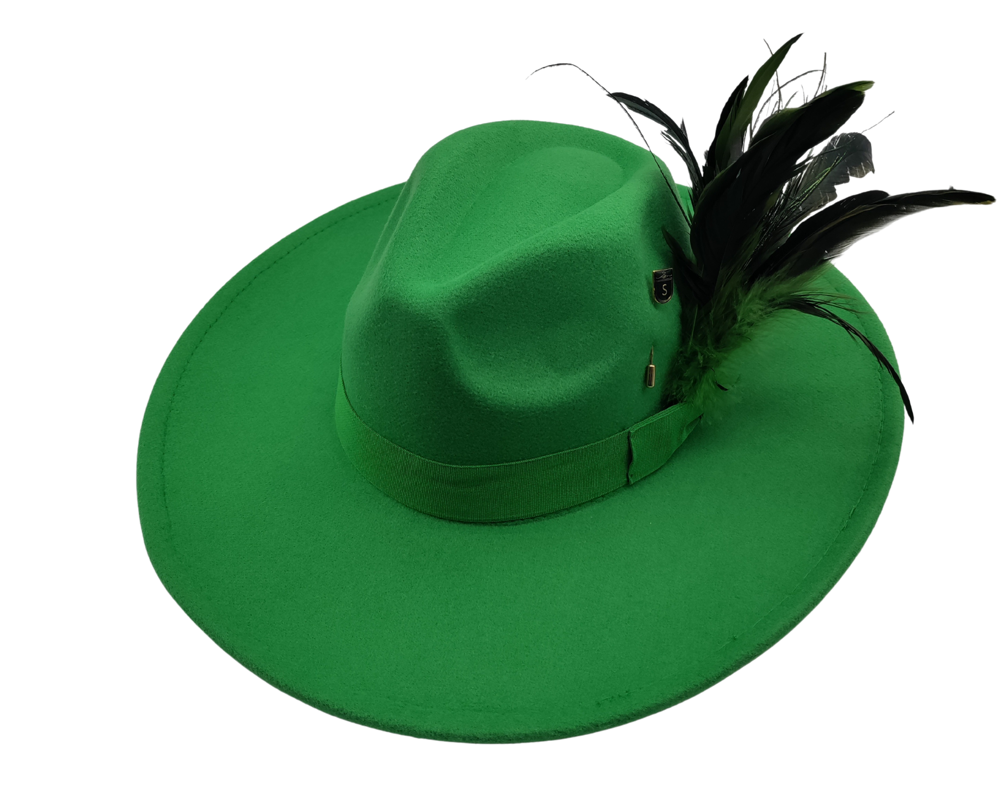 Green fedora hat with  a cluster of green feathers and hat pin