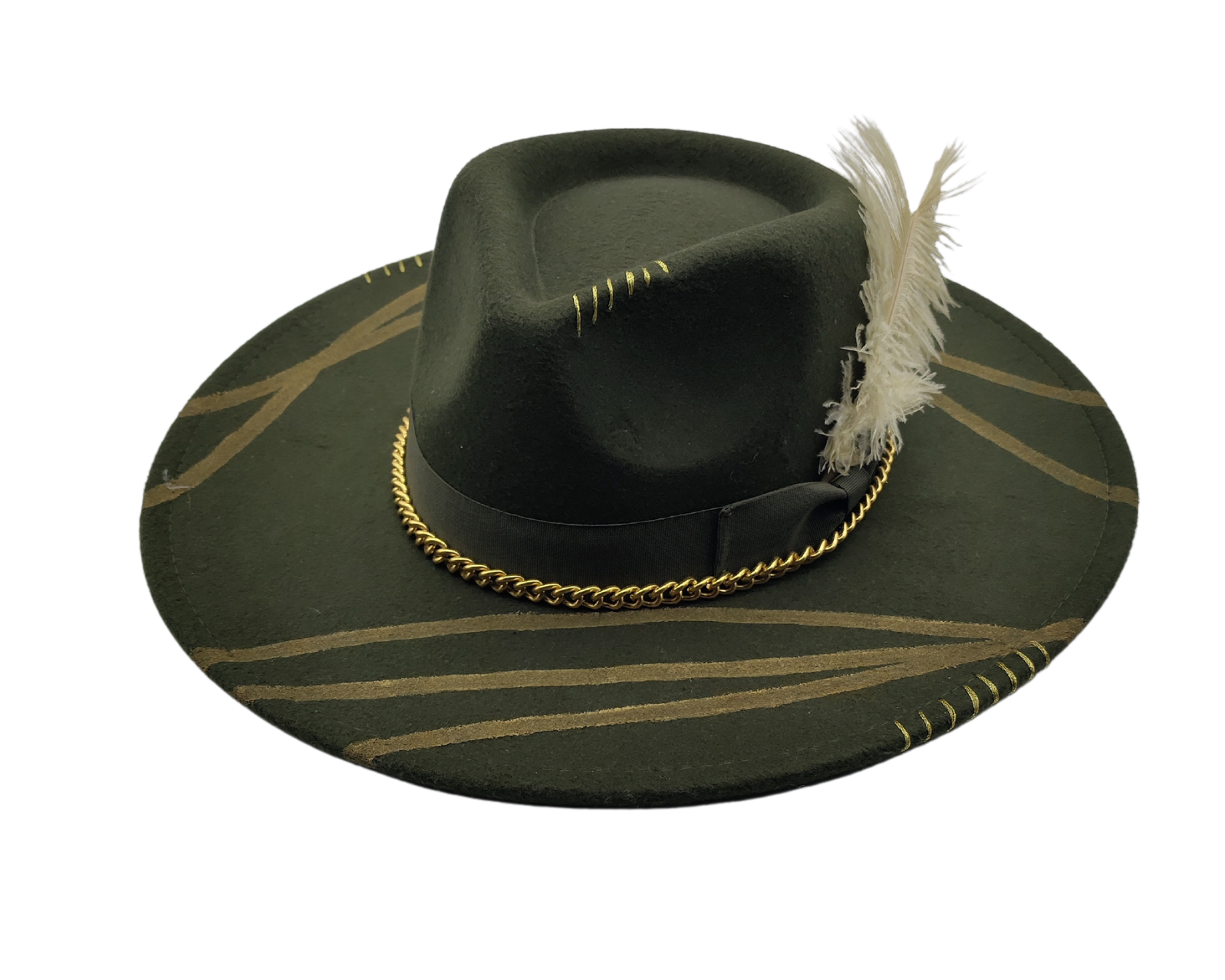 Olive Green Wool Felt Fedora with Gold Chain
