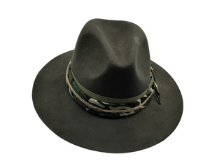 Army green wool fedora with camouflage band decorated with twine